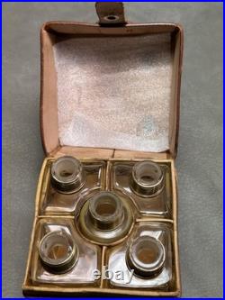 Vtg. Perfume Scent 5 Custom Shaped Hand Painted Bottles in Unique Leather Case