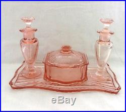 Vtg Pink Vanity Dresser Set Depression Glass Powder Jar 2 Perfume Bottles & Tray
