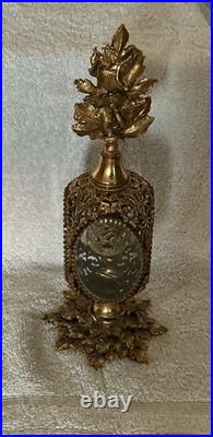 Vtg Rare STYLE BUILT 4 Panels Beveled Glass Gold Filigree Ormolu Perfume Bottle