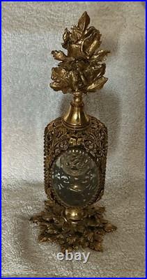 Vtg Rare STYLE BUILT 4 Panels Beveled Glass Gold Filigree Ormolu Perfume Bottle