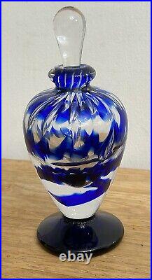 Vtg SIGNED 2000 BURCHETTA Hand Blown Art GLASS Cobalt Blue Swirl PERFUME BOTTLE