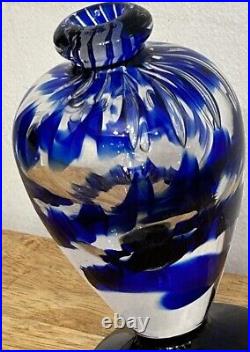 Vtg SIGNED 2000 BURCHETTA Hand Blown Art GLASS Cobalt Blue Swirl PERFUME BOTTLE