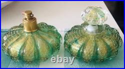 Vtg Set Murano Flavio Poli Seguso Green Bullicante/gold Melon Perfume Bottles