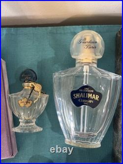 Vtg Shalimar Guerlain EMPTY Perfume Bottle Paris logo tag hang Boxes Talc France