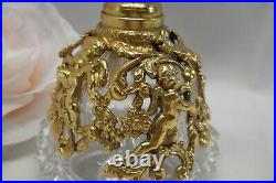 Vtg Signed Matson Perfume Bottle Cherubs Gold / Brass Filigree Crystal Dauber