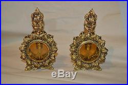 Vtg Victorian style ornate Gold Brass Pierced Amber Glass Perfume Bottles