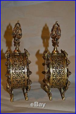 Vtg Victorian style ornate Gold Brass Pierced Amber Glass Perfume Bottles