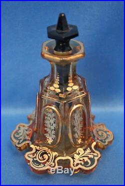 Vtg antique Boston & Sandwich Glass AMBER GOLD OVERLAY SIX LOBE Perfume+Stopper
